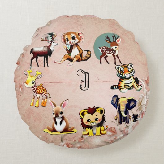 ジャングルサファリ動物王国ウッドランドモノグラムキッド ラウンドクッション (正面)