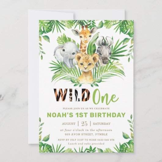 ジャングルサファリ動物緑の男の子1歳の誕生日 招待状 (正面)