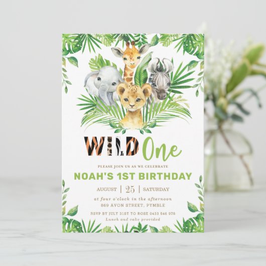 ジャングルサファリ動物緑の男の子1歳の誕生日 招待状 (スタンド正面)