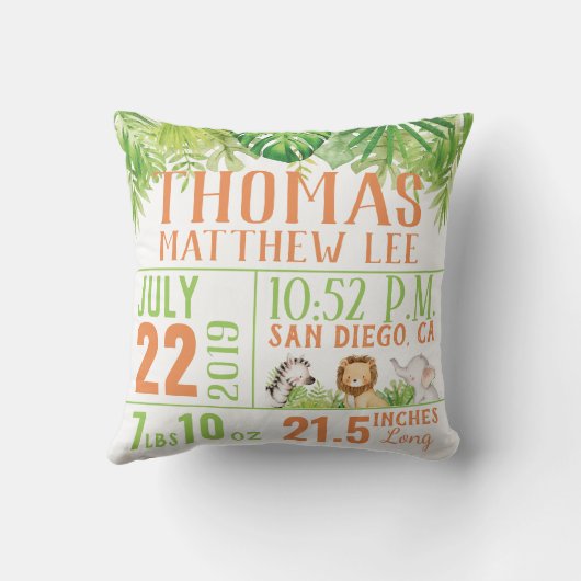 ジャングルサファリ動物誕生統計男の赤ちゃん子供部屋 クッション (裏面)