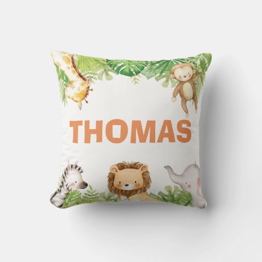 ジャングルサファリ動物誕生統計男の赤ちゃん子供部屋 クッション (正面)