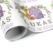 ジャングルサファリ動物1歳パーソナライズされた誕生日 ラッピングペーパー (ロールコーナー)