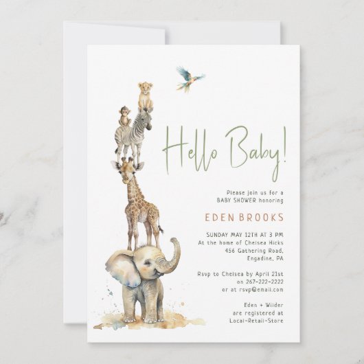 ジャングルサファリ動物"こんにちはベビー"赤ちゃんシャワー 招待状 (正面)