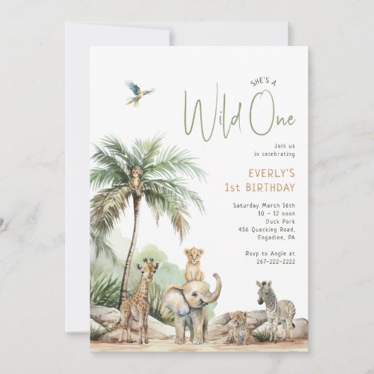 ジャングルサファリ動物「ワイルドワン」誕生日パーティー 招待状 (正面)