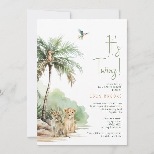 ジャングルサファリ動物 | 双子の赤ちゃんシャワー 招待状 (正面)
