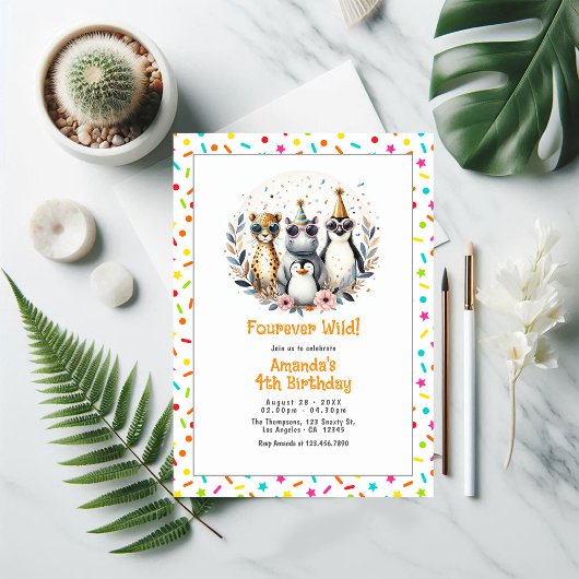 ジャングルサファリ動物「Four Ver Wild」 4th Birthday 招待状