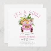 ジャングルサファリ女の子ピンクの赤ちゃんシャワー 招待状 (正面/裏面)