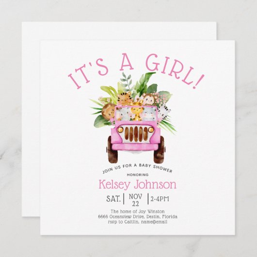 ジャングルサファリ女の子ピンクの赤ちゃんシャワー 招待状 (正面/裏面)