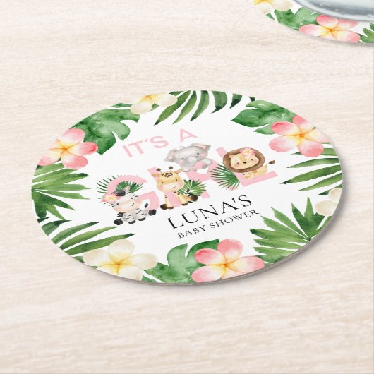 ジャングルサファリ女の子ベビーシャワー ラウンドペーパーコースター (アングル)