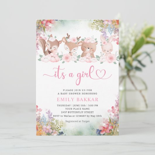 ジャングルサファリ女の子ボホピンクの赤ちゃんシャワー 招待状 (スタンド正面)