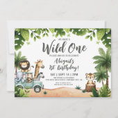 ジャングルサファリ水平Wild One 1歳の誕生日 招待状 (正面)