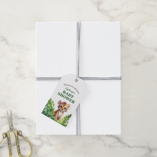 ジャングルサファリ熱帯動物の赤ちゃんシャワーのお願い ギフトタグ (より糸付き)