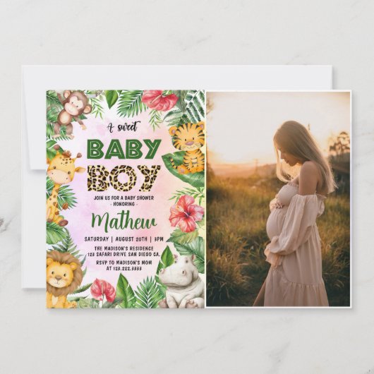 ジャングルサファリ甘い男の赤ちゃんベビーシャワー写真 招待状 (正面)