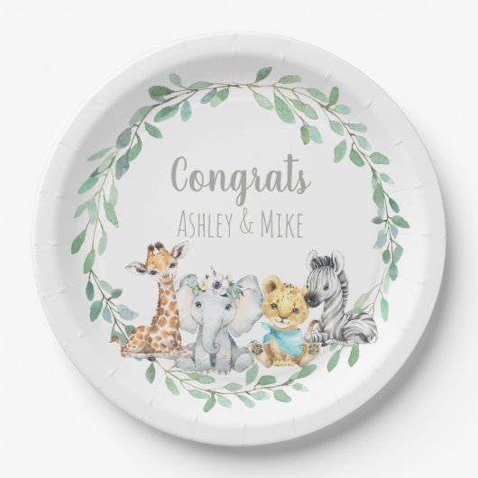 ジャングルサファリ男女兼用ー緑のベビーアニマル ペーパープレート (正面)