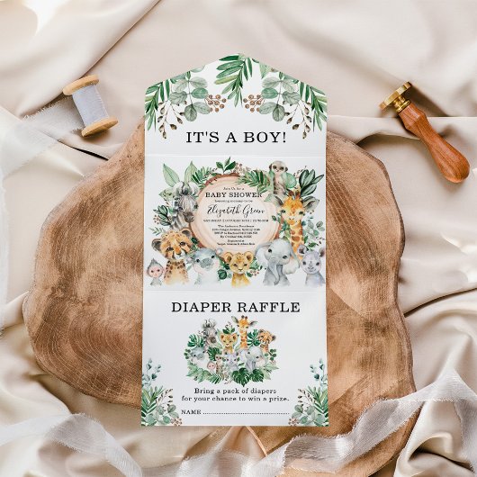 ジャングルサファリ素朴ー動物の男の子の赤ちゃんシャワー オールインワン招待状