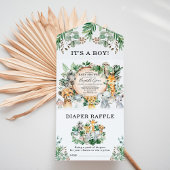 ジャングルサファリ素朴ー動物の男の子の赤ちゃんシャワー オールインワン招待状