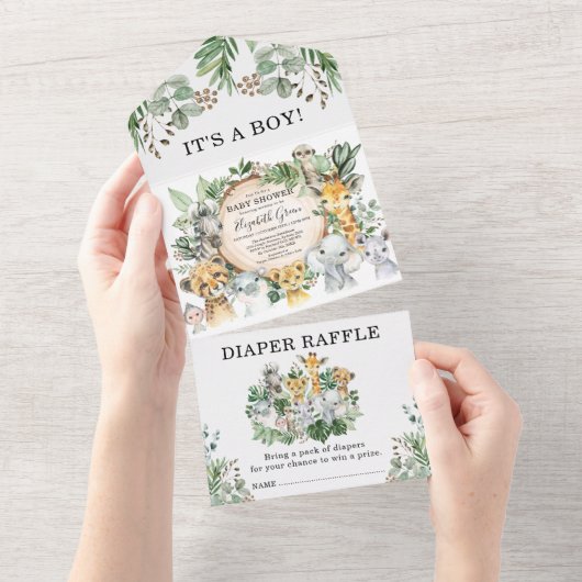 ジャングルサファリ素朴ー動物の男の子の赤ちゃんシャワー オールインワン招待状 (貼ってはがせる)