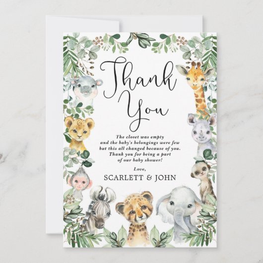 ジャングルサファリ素朴ー動物の緑の赤ちゃんシャワー サンキューカード (正面)