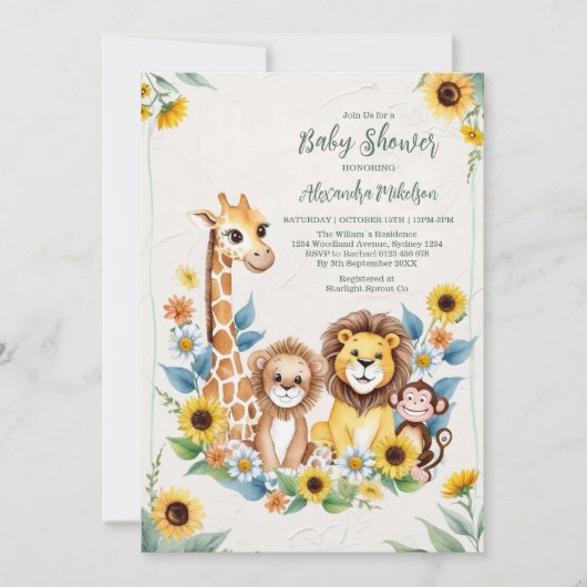 ジャングルサファリ素朴ー動物の赤ちゃんシャワー 招待状 (正面)