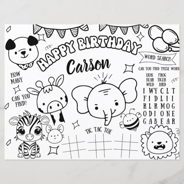 ジャングルサファリ誕生日カラーリングページ動物園テーマ (正面)