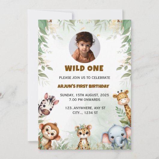 ジャングルサファリ誕生日ボーイ招待状ワイルドワン 招待状 (正面)