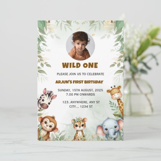 ジャングルサファリ誕生日ボーイ招待状ワイルドワン 招待状 (スタンド正面)