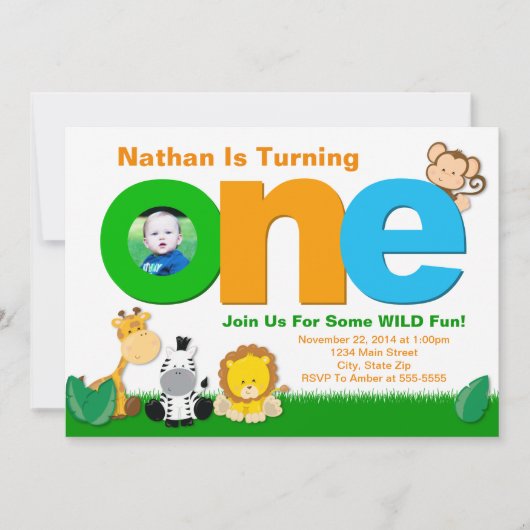 ジャングルサファリ誕生日招待状1歳の誕生日 招待状 (正面)