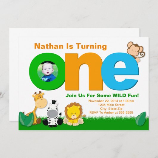 ジャングルサファリ誕生日招待状1歳の誕生日 招待状 (正面/裏面)