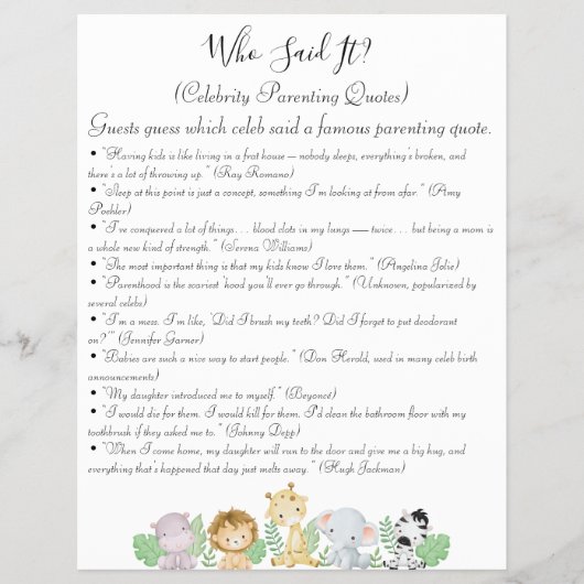 ジャングルサファリ赤ちゃんシャワーゲーム チラシ (正面)