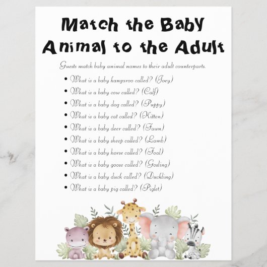 ジャングルサファリ赤ちゃんシャワーゲーム チラシ (正面)