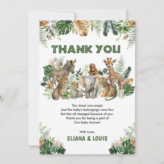 ジャングルサファリ野生動物の男の子のシャワー サンキューカード (正面)