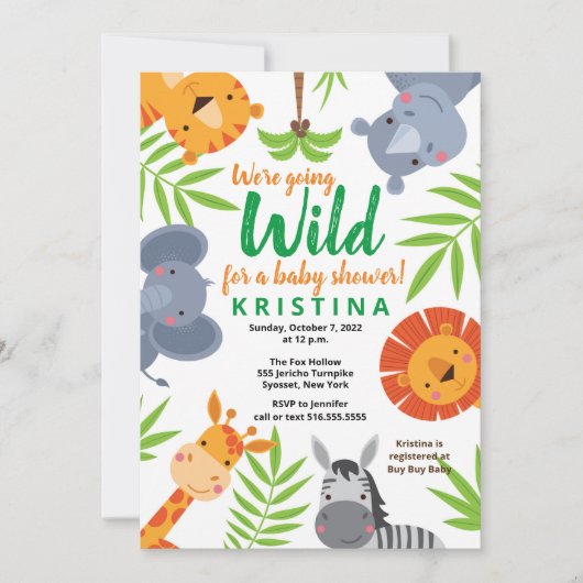 ジャングルサファリ野生動物の緑の赤ちゃんシャワー 招待状 (正面)
