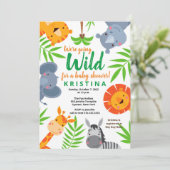 ジャングルサファリ野生動物の緑の赤ちゃんシャワー 招待状 (スタンド正面)