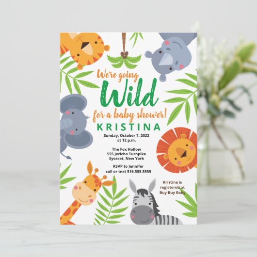 ジャングルサファリ野生動物の緑の赤ちゃんシャワー 招待状 (スタンド正面)