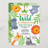 ジャングルサファリ野生動物の緑の赤ちゃんシャワー 招待状 (正面/裏面)
