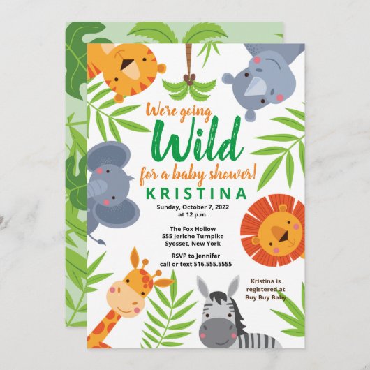 ジャングルサファリ野生動物の緑の赤ちゃんシャワー 招待状 (正面/裏面)