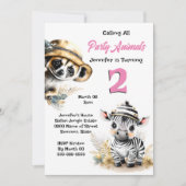 ジャングルサファリ野生動物ピンクの女の子 招待状 (正面)