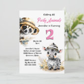 ジャングルサファリ野生動物ピンクの女の子 招待状 (スタンド正面)