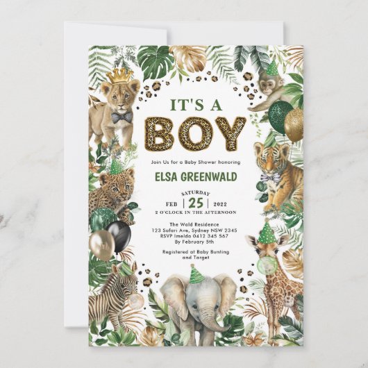 ジャングルサファリ野生動物ベビーシャワー 招待状 (正面)