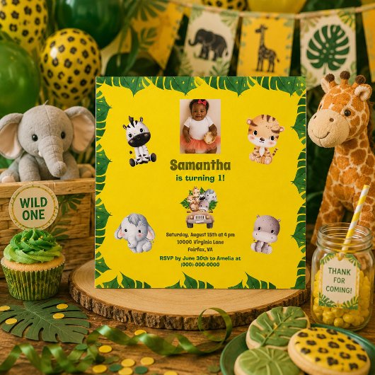 ジャングルサファリ1歳の誕生日 かわいい動物テーマ 招待状