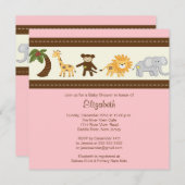 ジャングルサファリ アニマル ガール ベビーシャワー 招待状 (正面/裏面)