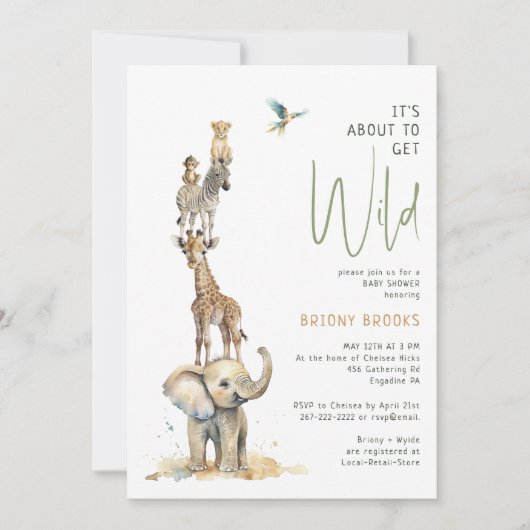 ジャングルサファリ「野生を取得しようとしている」赤ちゃんシャワー 招待状 (正面)