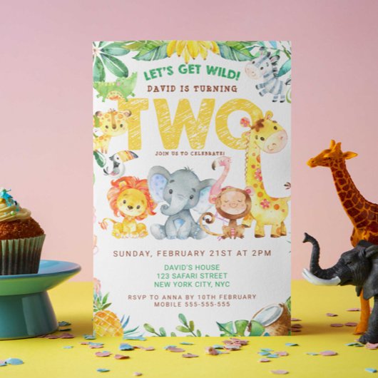 ジャングルサファリ 2歳の男の子の誕生日パーティー 動物園 招待状