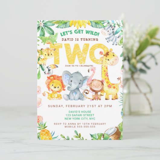 ジャングルサファリ 2歳の男の子の誕生日パーティー 動物園 招待状 (スタンド正面)