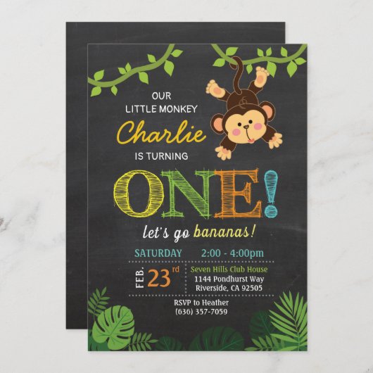 ジャングルサルのかわいい動物の誕生日招待状 招待状 (正面/裏面)