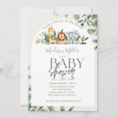 ジャングルサルファリ動物の緑葉の赤ちゃんシャワー 招待状 (正面)