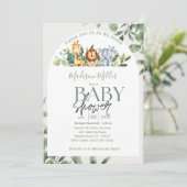 ジャングルサルファリ動物の緑葉の赤ちゃんシャワー 招待状 (スタンド正面)