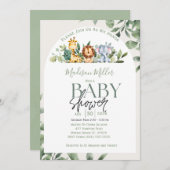 ジャングルサルファリ動物の緑葉の赤ちゃんシャワー 招待状 (正面/裏面)