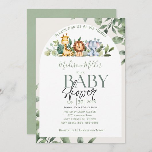 ジャングルサルファリ動物の緑葉の赤ちゃんシャワー 招待状 (正面/裏面)