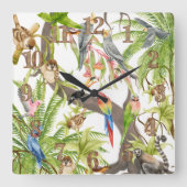 ジャングルシーン熱帯鳥、クリッター、葉 スクエア壁時計 (正面)
